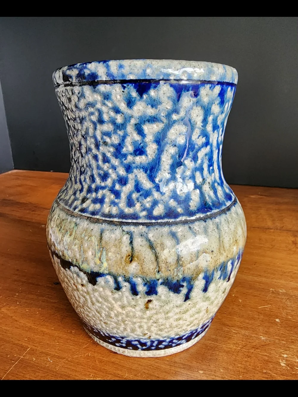 Blue and Cream Glazed Ceramic Pottery Vase With Fire Drip Glaze